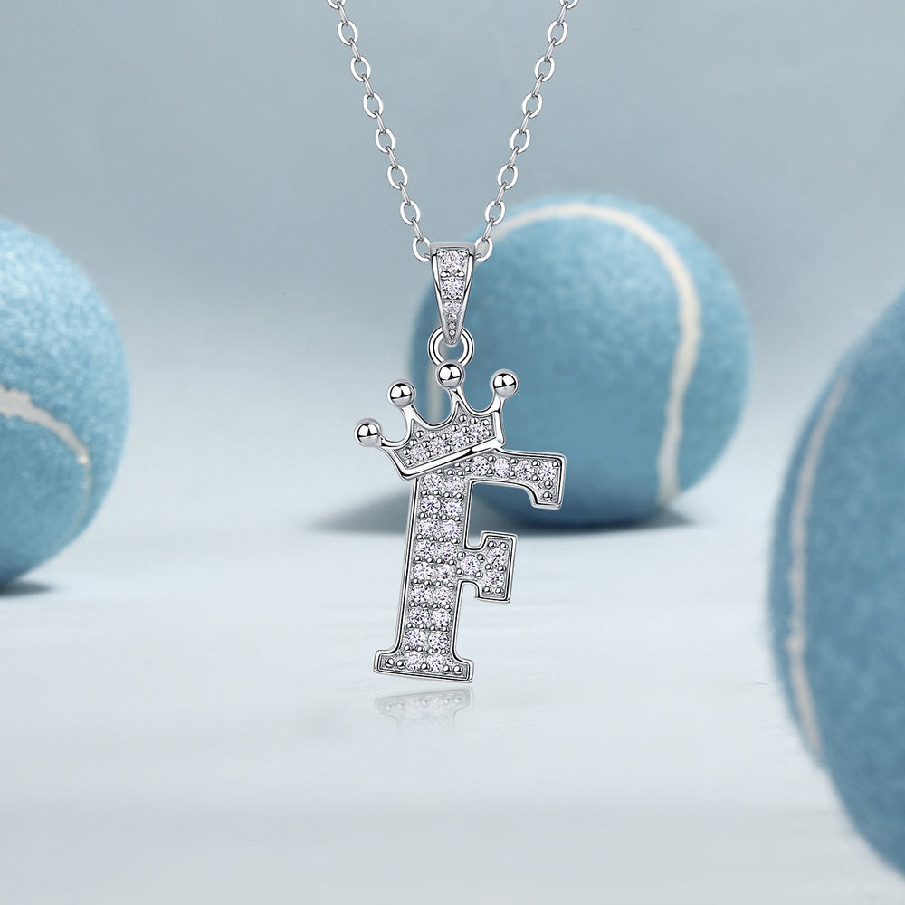 Initial F crown pendant necklace with sparkling moissanite stones, white gold vermeil
