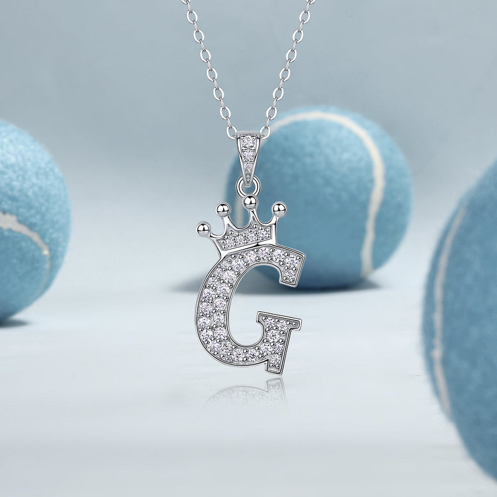 Initial G crown pendant with pavé moissanite stones, white gold vermeil finish
