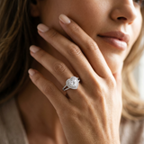 Heart-cut double halo moissanite ring, split shank, on hand; white gold vermeil