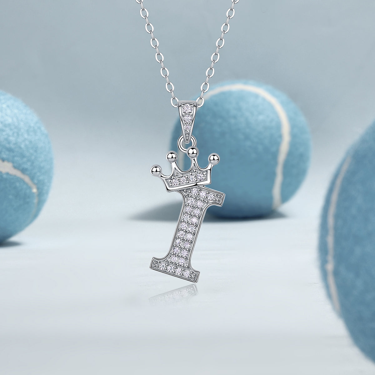 Initial I crown pendant necklace with sparkling moissanite, white gold vermeil
