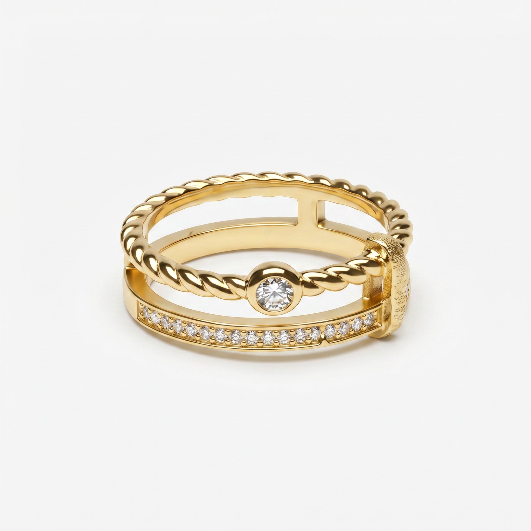 Double-band twisted rope ring in yellow gold vermeil, pavé row and round center stone