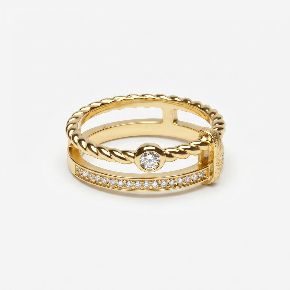 Double-band twisted rope ring in yellow gold vermeil, pavé row and round center stone