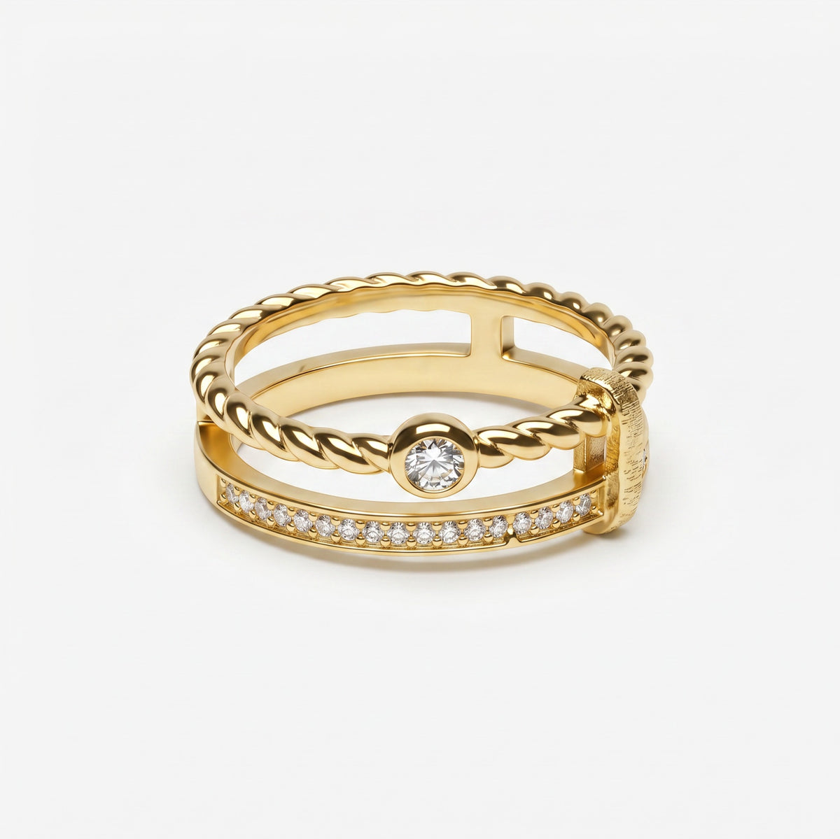 Double-band twisted rope ring in yellow gold vermeil, pavé row and round center stone