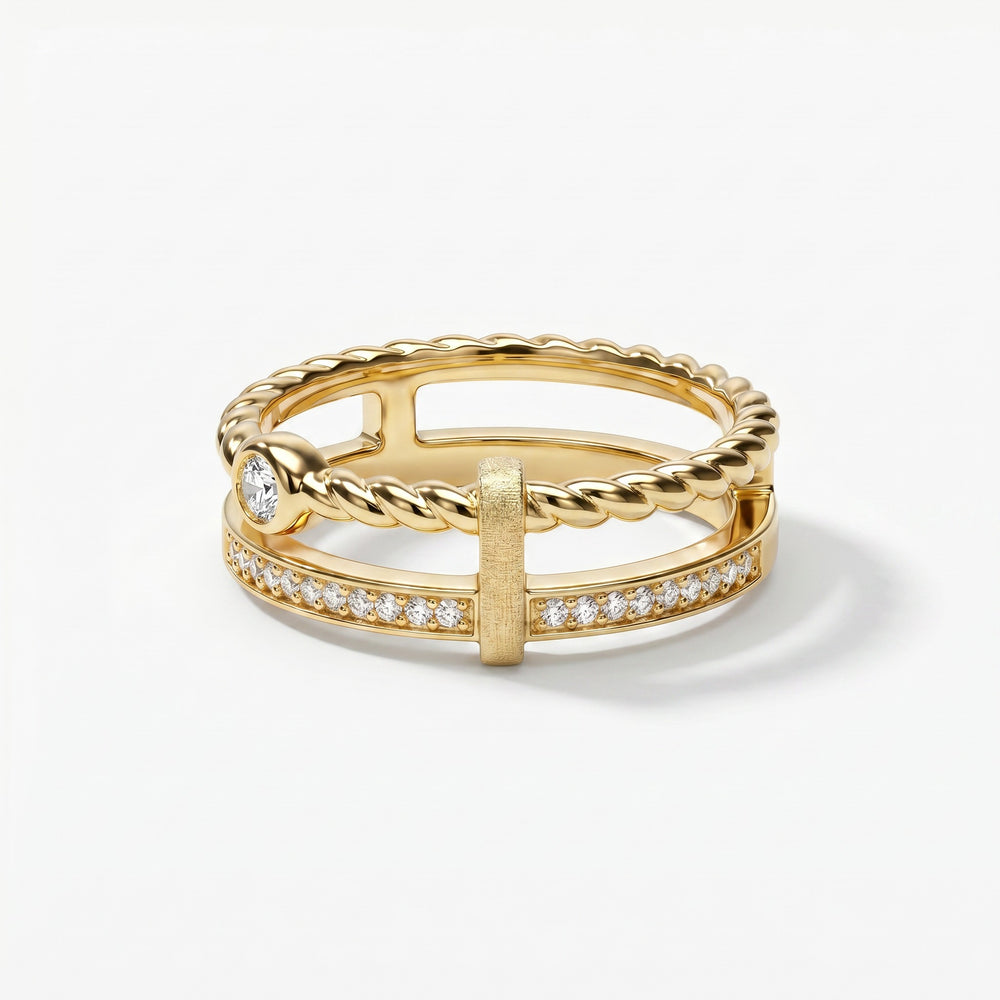 Double-band twisted rope ring with pavé band and round center moissanite, yellow gold vermeil