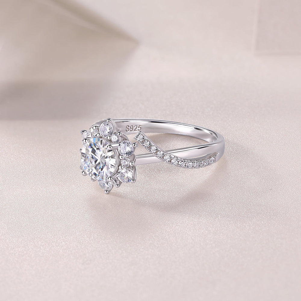 Round halo moissanite ring with S925 stamp and twisted pavé split shank