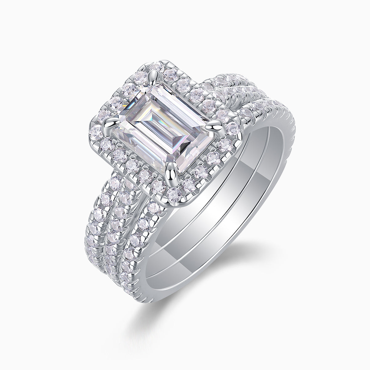 Emerald-cut center stone with surrounding pavé halo and band, white gold vermeil