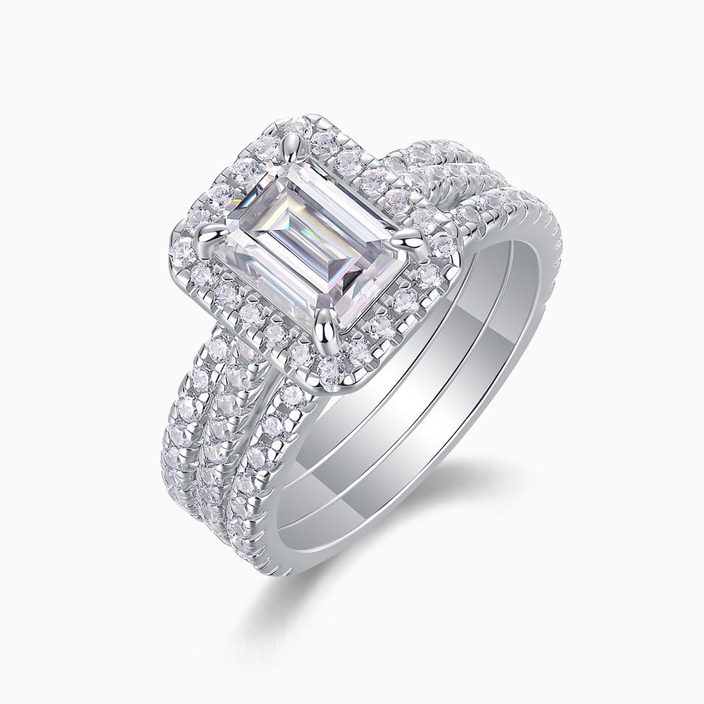 Emerald-cut center stone with surrounding pavé halo and band, white gold vermeil