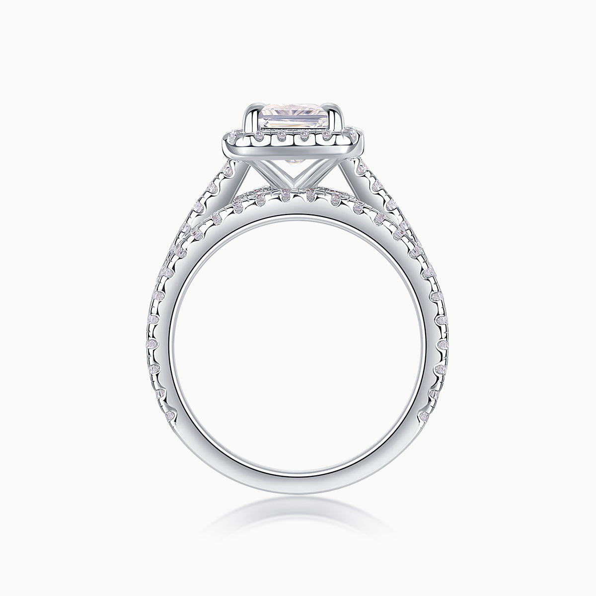Top view of emerald-cut halo ring with pavé side detailing, white gold vermeil