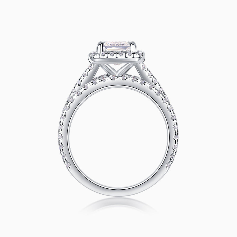 Top view of emerald-cut halo ring with pavé side detailing, white gold vermeil