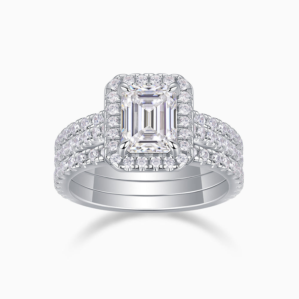Cylen emerald-cut center halo with pavé band, three-piece bridal ring set, white gold vermeil