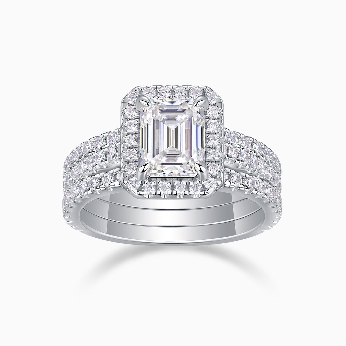 Cylen emerald-cut center halo with pavé band, three-piece bridal ring set, white gold vermeil