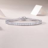 Princess cut moissanite tennis bracelet with box-style clasp and square stone row