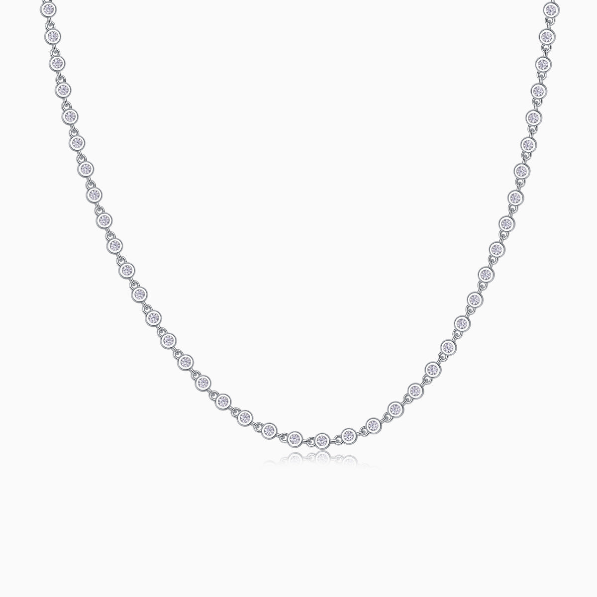 Bezel-set moissanite tennis necklace, white gold vermeil, evenly spaced round stones
