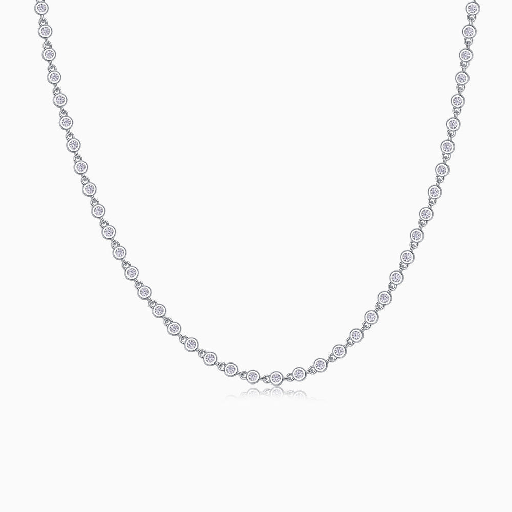 Bezel-set moissanite tennis necklace, white gold vermeil, evenly spaced round stones