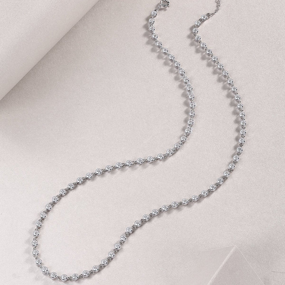 Bezel-set moissanite tennis necklace, white gold vermeil, repeating round stone links