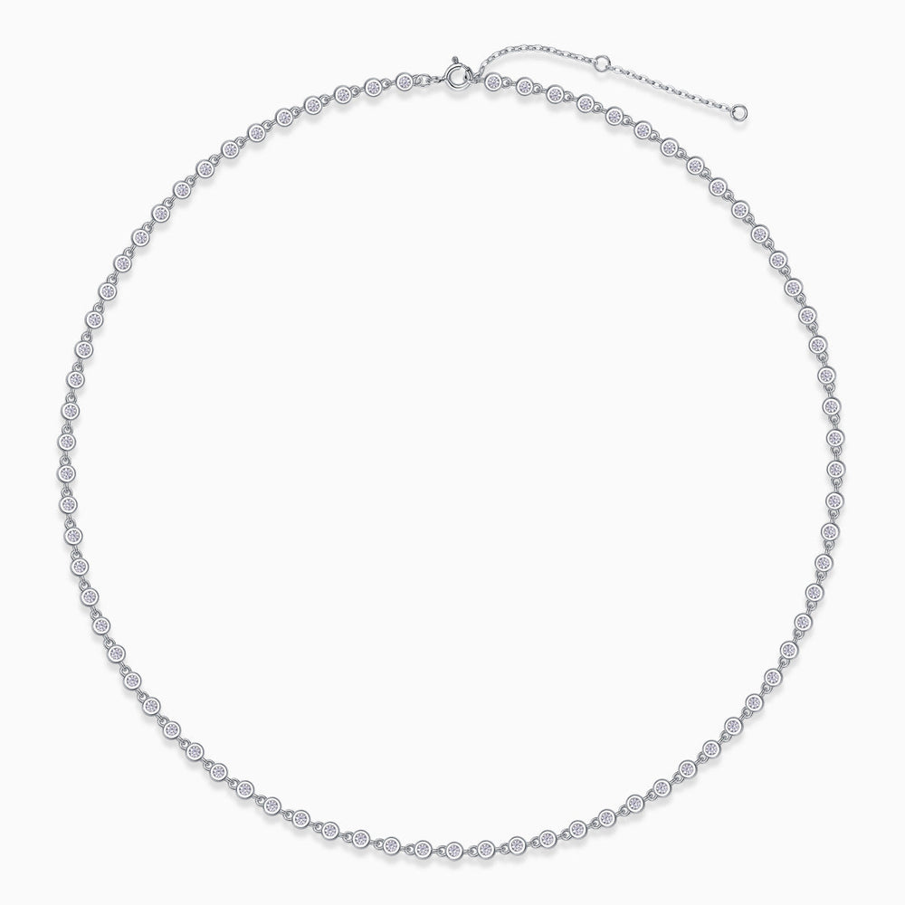 Bezel-set moissanite tennis necklace, white gold vermeil, round stones on chain