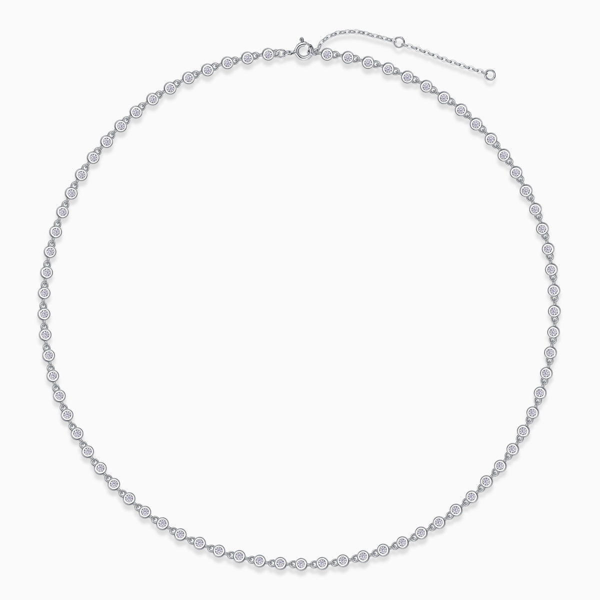 Bezel-set moissanite tennis necklace, white gold vermeil, round stones on chain