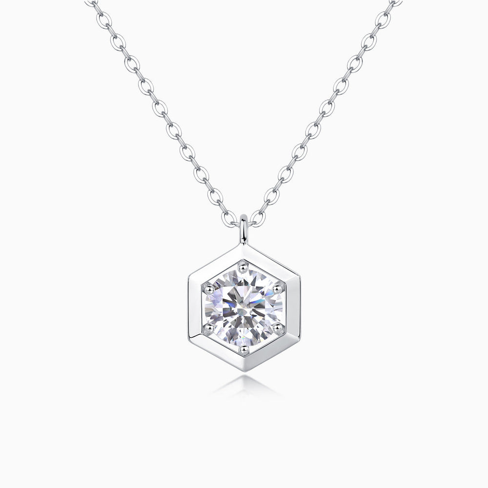 Hexagon frame moissanite pendant, round brilliant in white gold vermeil
