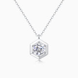 Hexagon frame moissanite pendant, round brilliant in white gold vermeil
