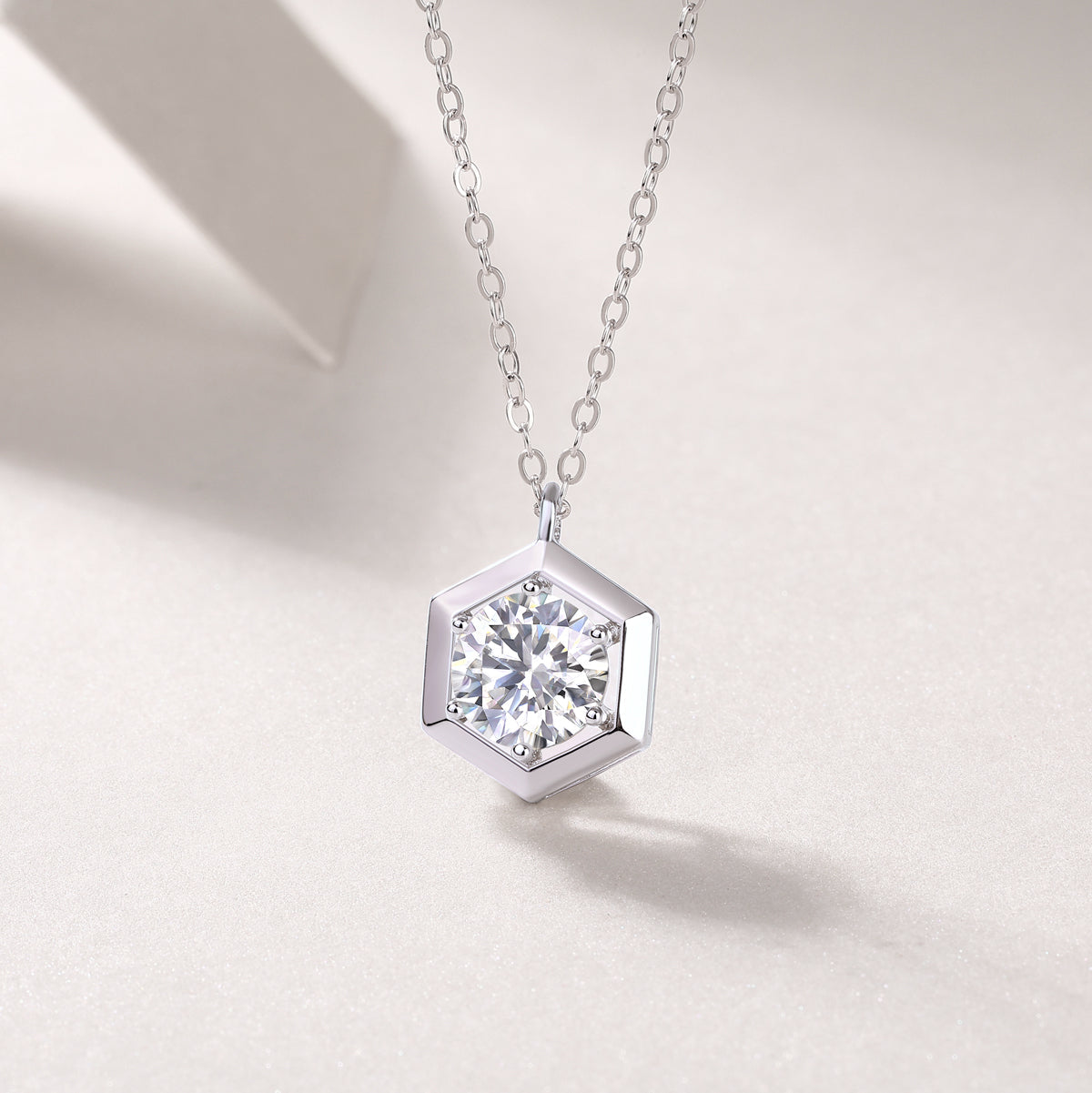 Hexagon moissanite pendant with round brilliant stone, white gold vermeil