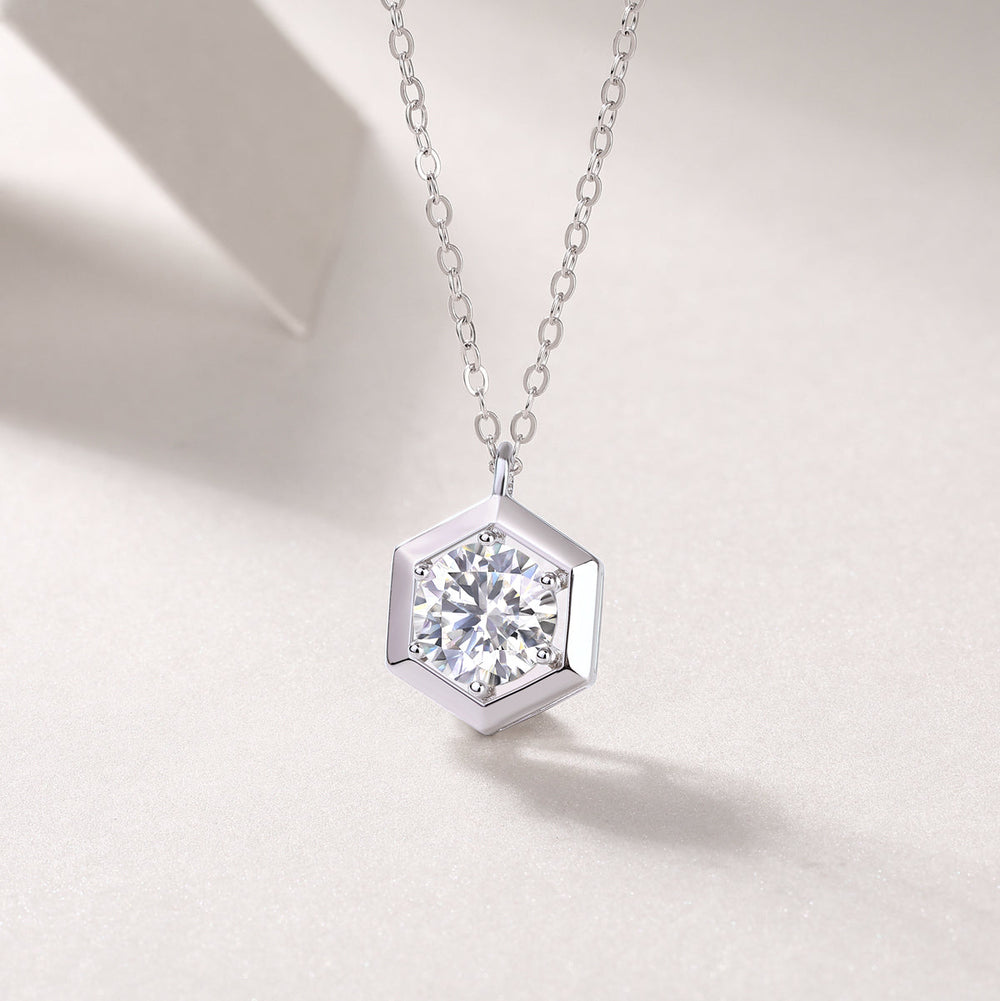 Hexagon moissanite pendant with round brilliant stone, white gold vermeil