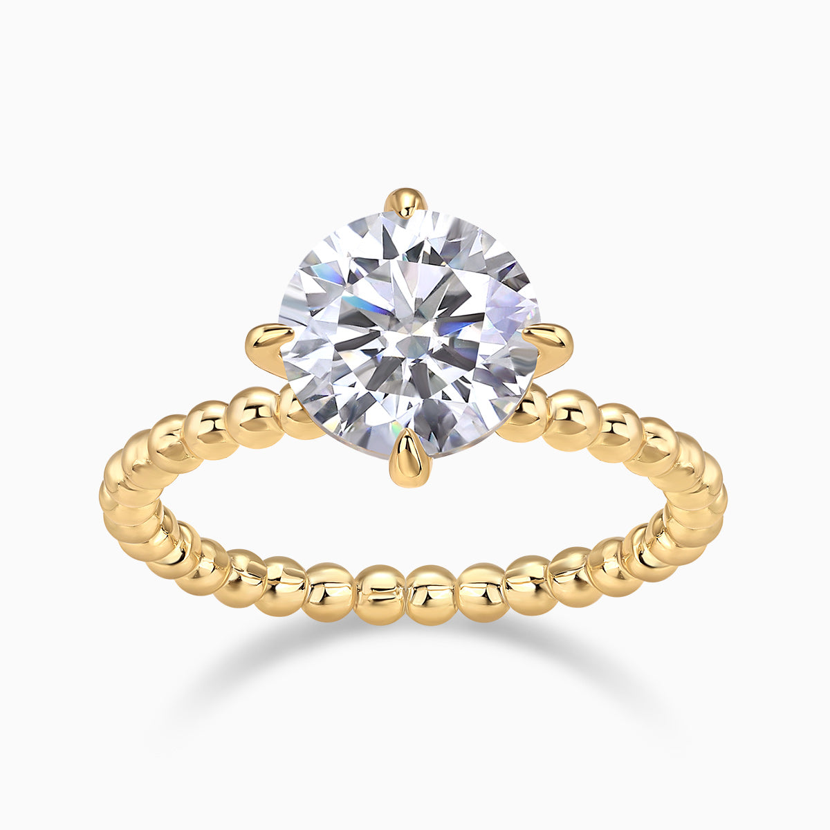 Yellow gold plated solitaire engagement ring with round moissanite center and beaded band