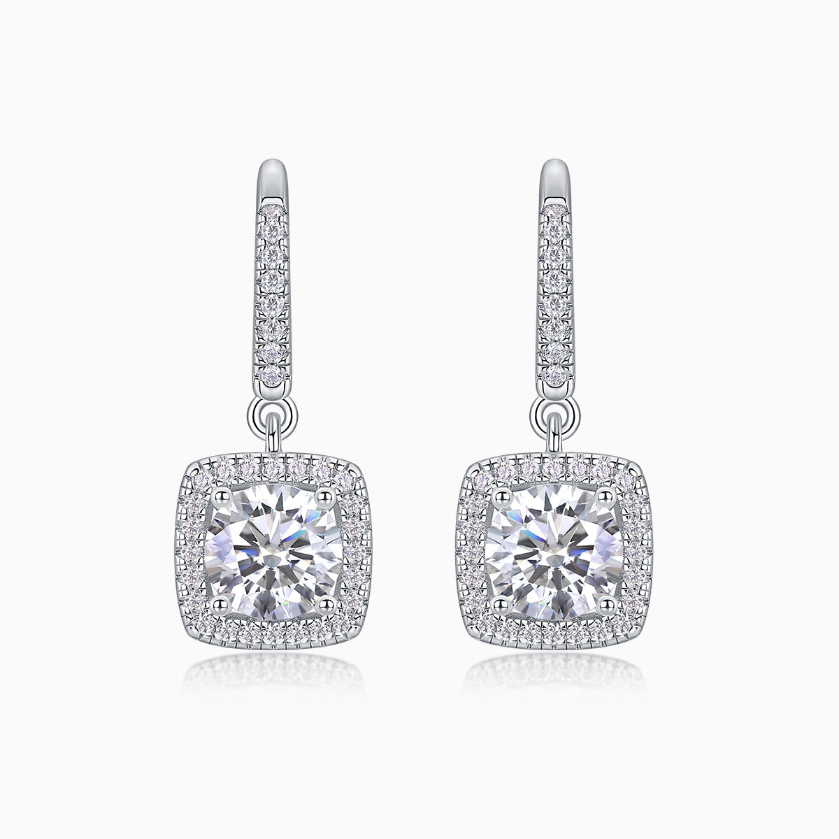 Cushion halo drop earrings in white gold vermeil with square pavé halo and center stone