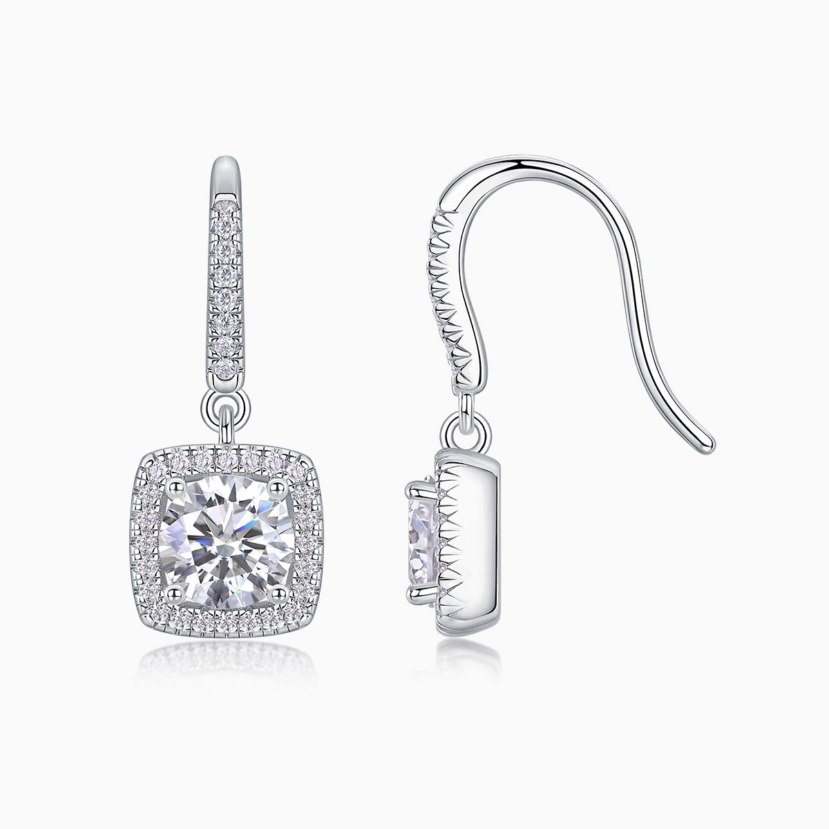 Cushion halo drop earrings with cushion center stone, lever-back hook, white gold vermeil
