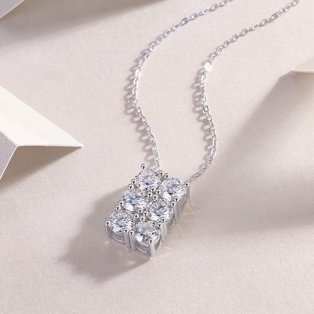 6-stone cluster moissanite pendant with prong-set stones, white gold vermeil chain