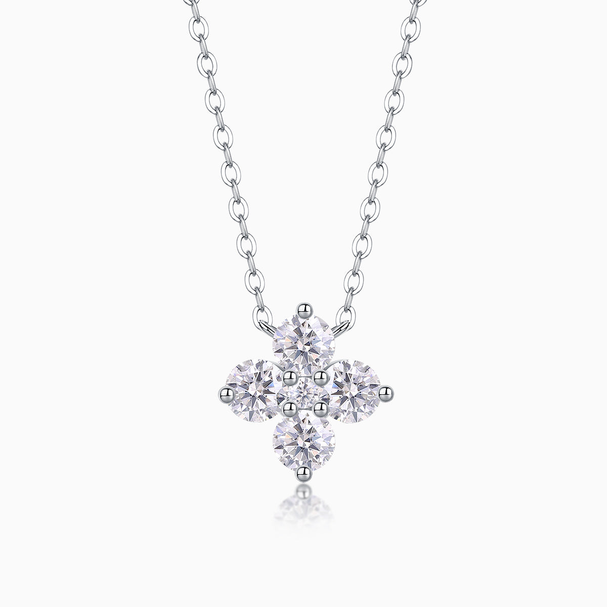 4-stone floral cluster moissanite pendant, white gold vermeil chain