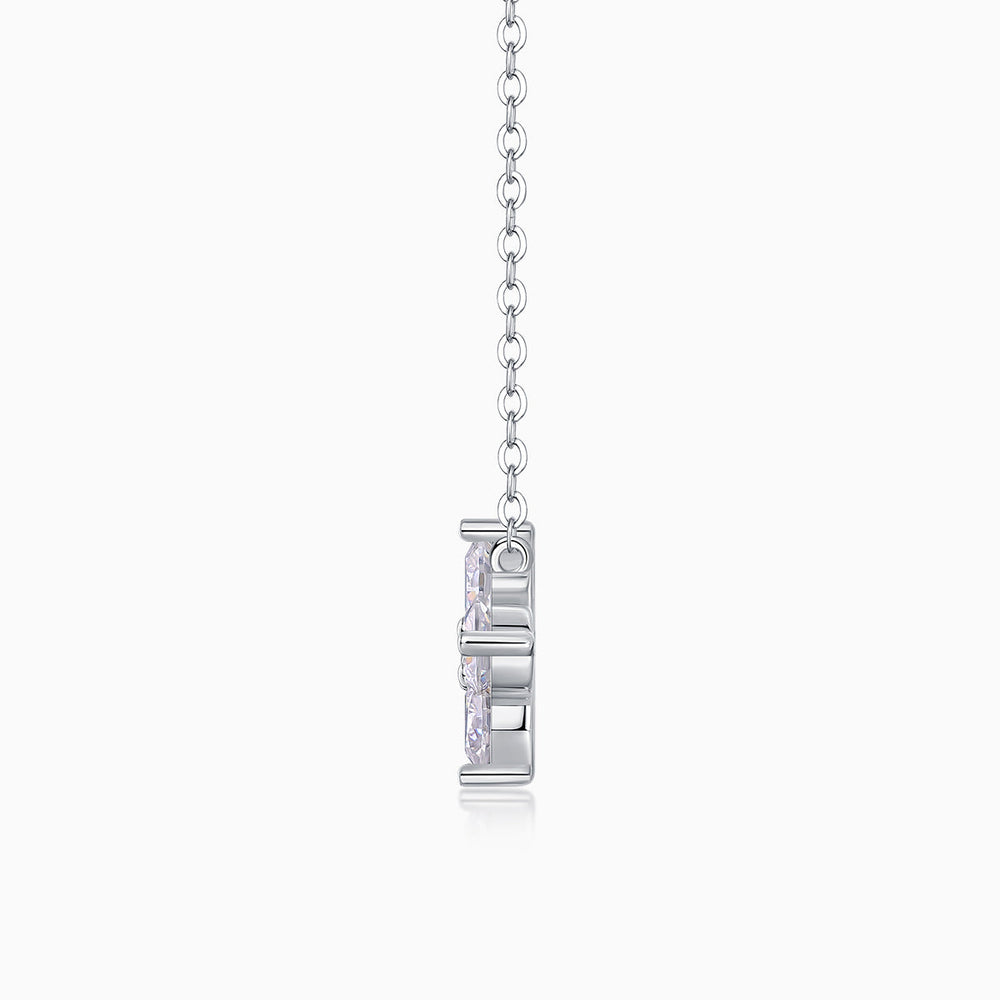 Moissanite floral pendant necklace clasp view, white gold vermeil
