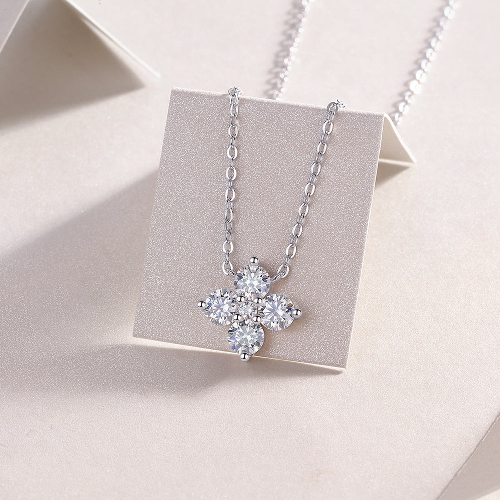 Floral moissanite cluster pendant on link chain, white gold vermeil