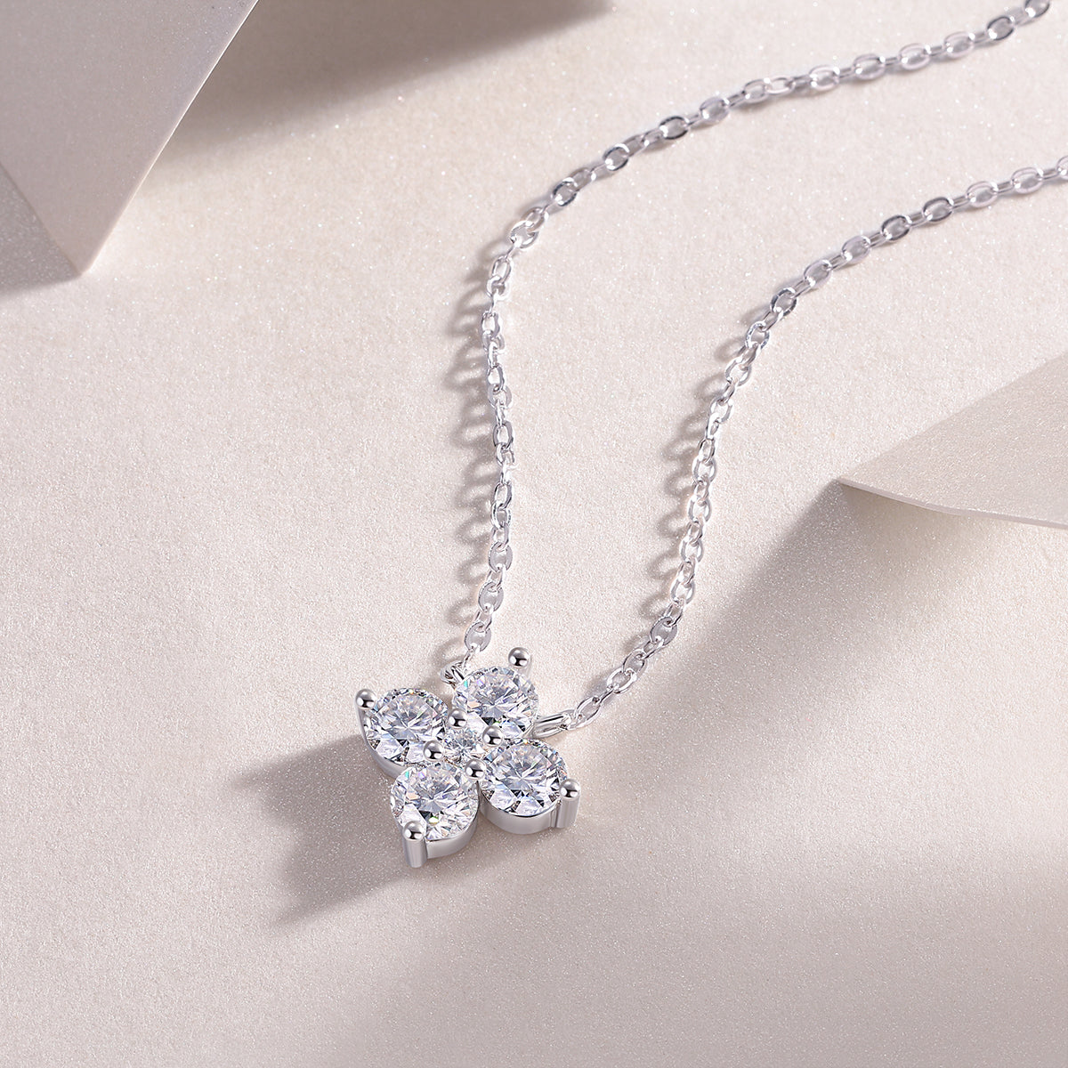 4-stone floral moissanite pendant necklace with link chain, white gold vermeil
