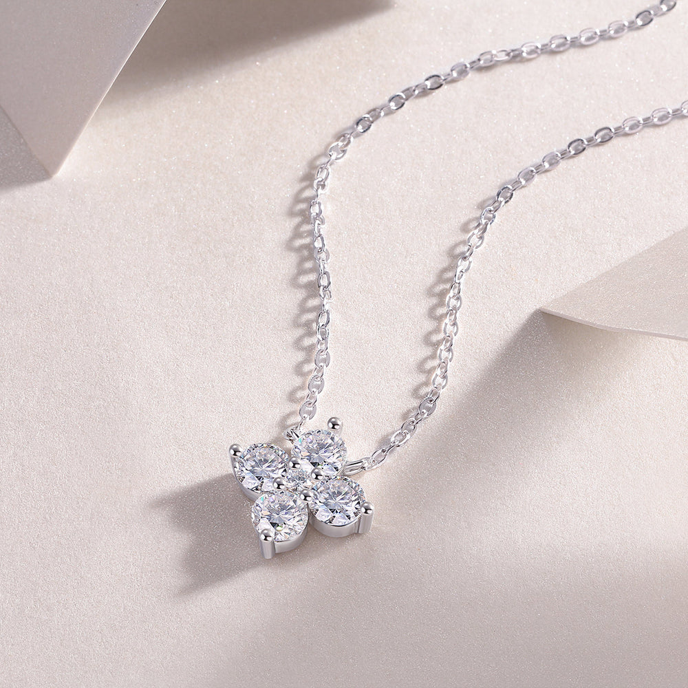 4-stone floral moissanite pendant necklace with link chain, white gold vermeil