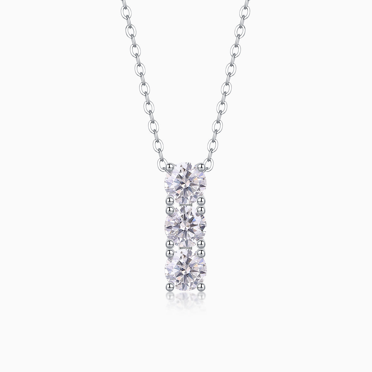 3-stone vertical bar moissanite pendant, silver-tone chain; white gold vermeil