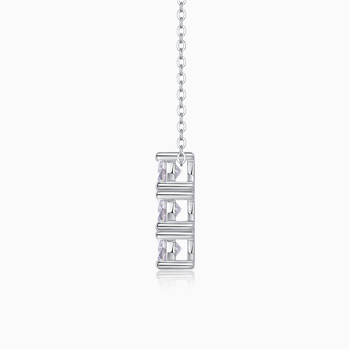 3-stone vertical bar moissanite pendant, square-prong setting; white gold vermeil