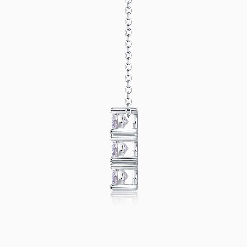 3-stone vertical bar moissanite pendant, square-prong setting; white gold vermeil