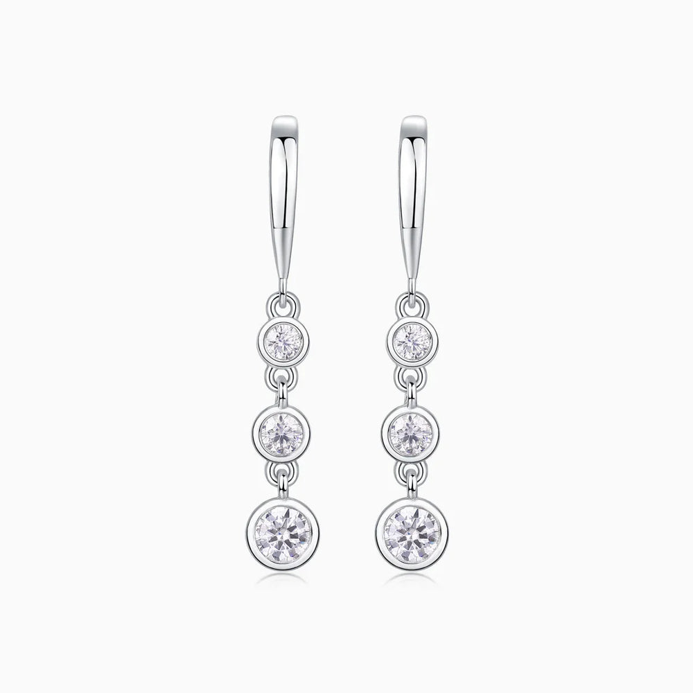 3-stone graduated bezel-set moissanite drop earrings, round stones in white gold vermeil