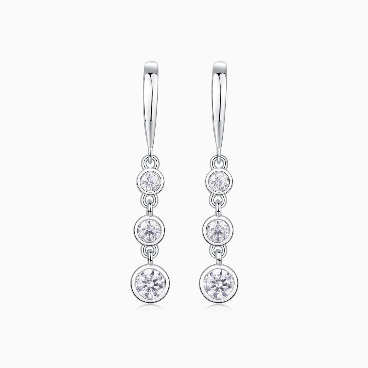 3-stone graduated bezel-set moissanite drop earrings, round stones in white gold vermeil