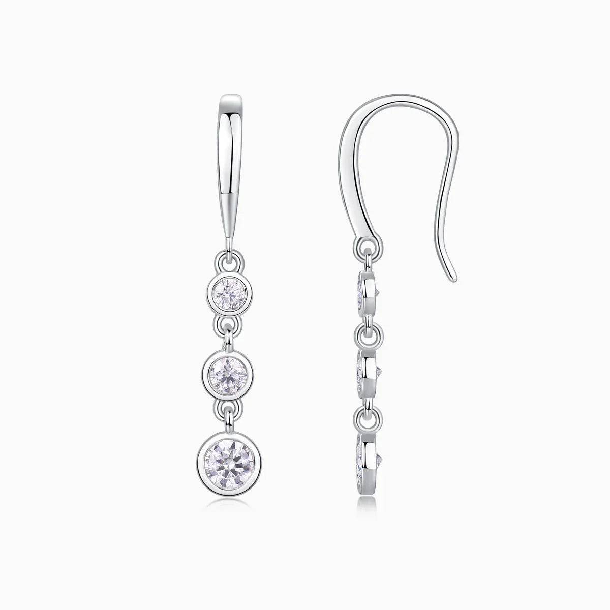 3-stone graduated drop earrings with bezel-set round moissanite, white gold vermeil