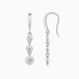 3-stone graduated drop earrings with bezel-set round moissanite, white gold vermeil