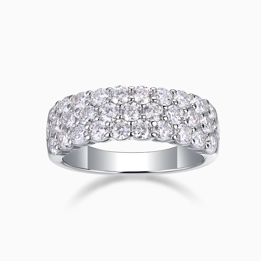 Triple-row moissanite eternity band in white gold vermeil, sparkling round stones