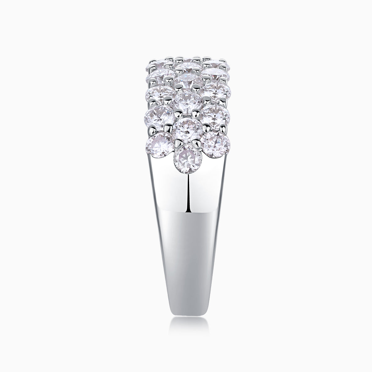 Top view of white gold vermeil moissanite eternity band with prong-set round stones
