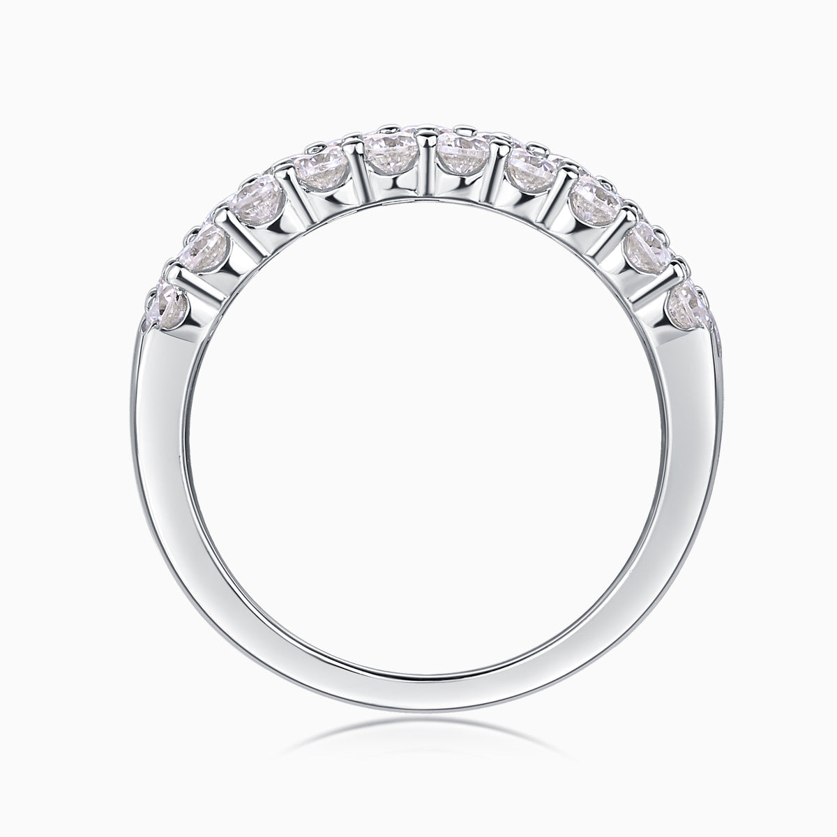 Inside view of white gold vermeil triple-row eternity band with round stones
