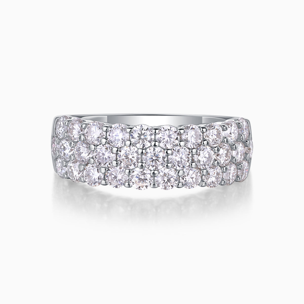 Moissanite eternity band with three rows of prong-set round stones, white gold vermeil