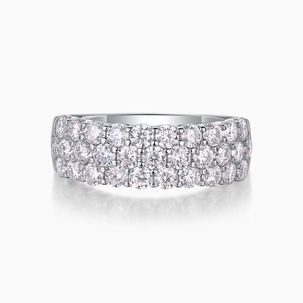 Moissanite eternity band with three rows of prong-set round stones, white gold vermeil