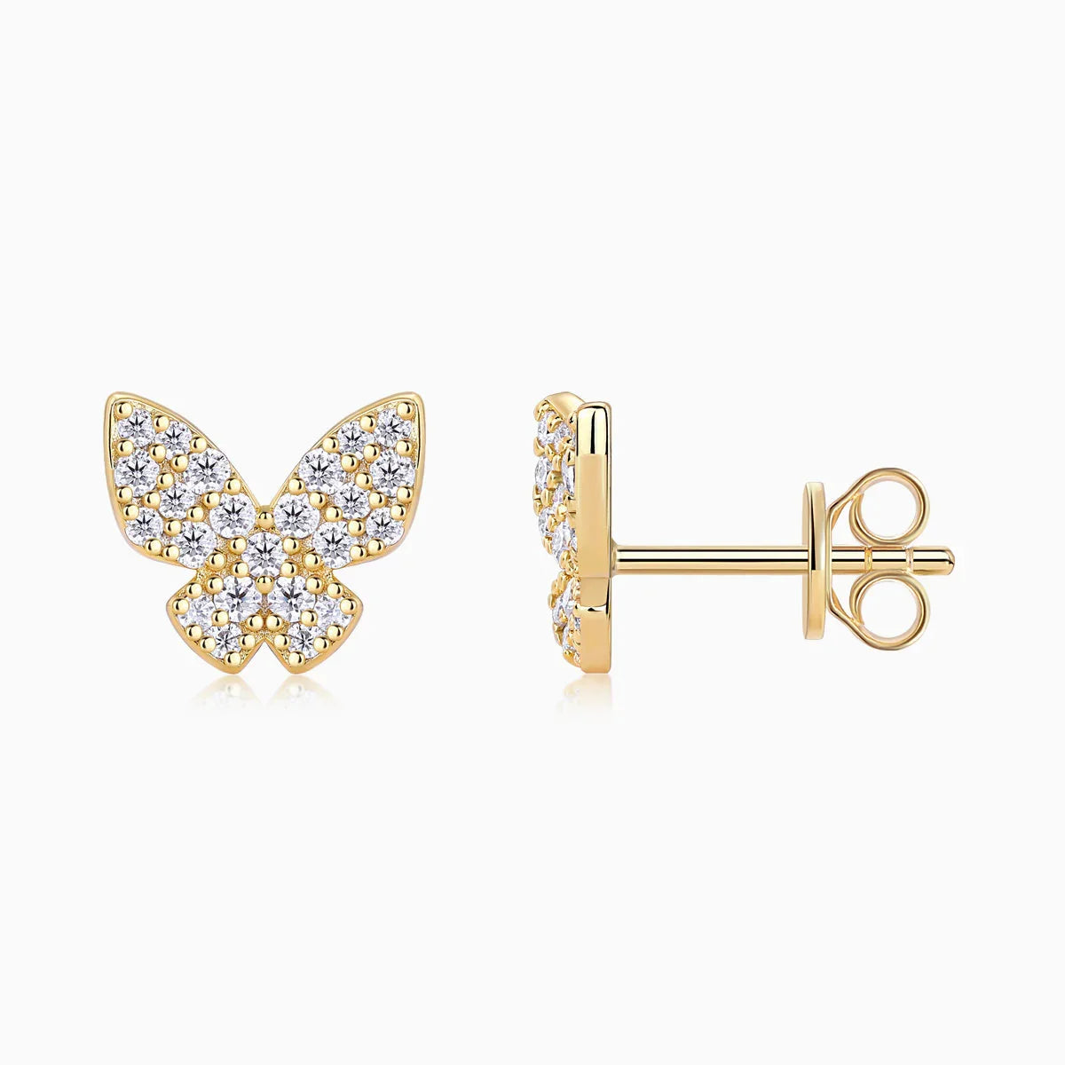 Butterfly stud earrings set, yellow gold vermeil pavé moissanite, post and back shown