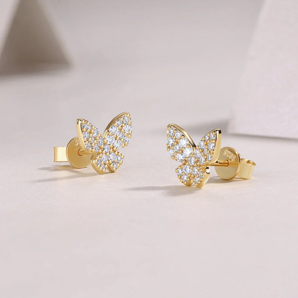 Butterfly stud earrings, back and front view, yellow gold vermeil pavé moissanite