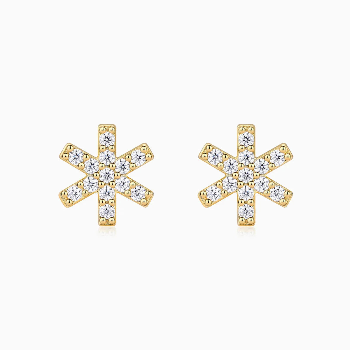Snowflake moissanite stud earrings in yellow gold vermeil with white sparkle stones