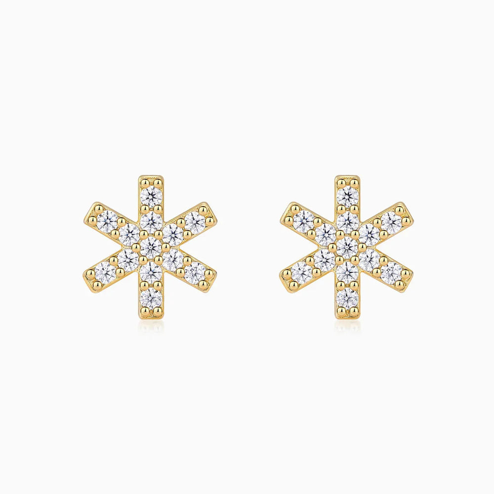 Snowflake moissanite stud earrings in yellow gold vermeil with white sparkle stones